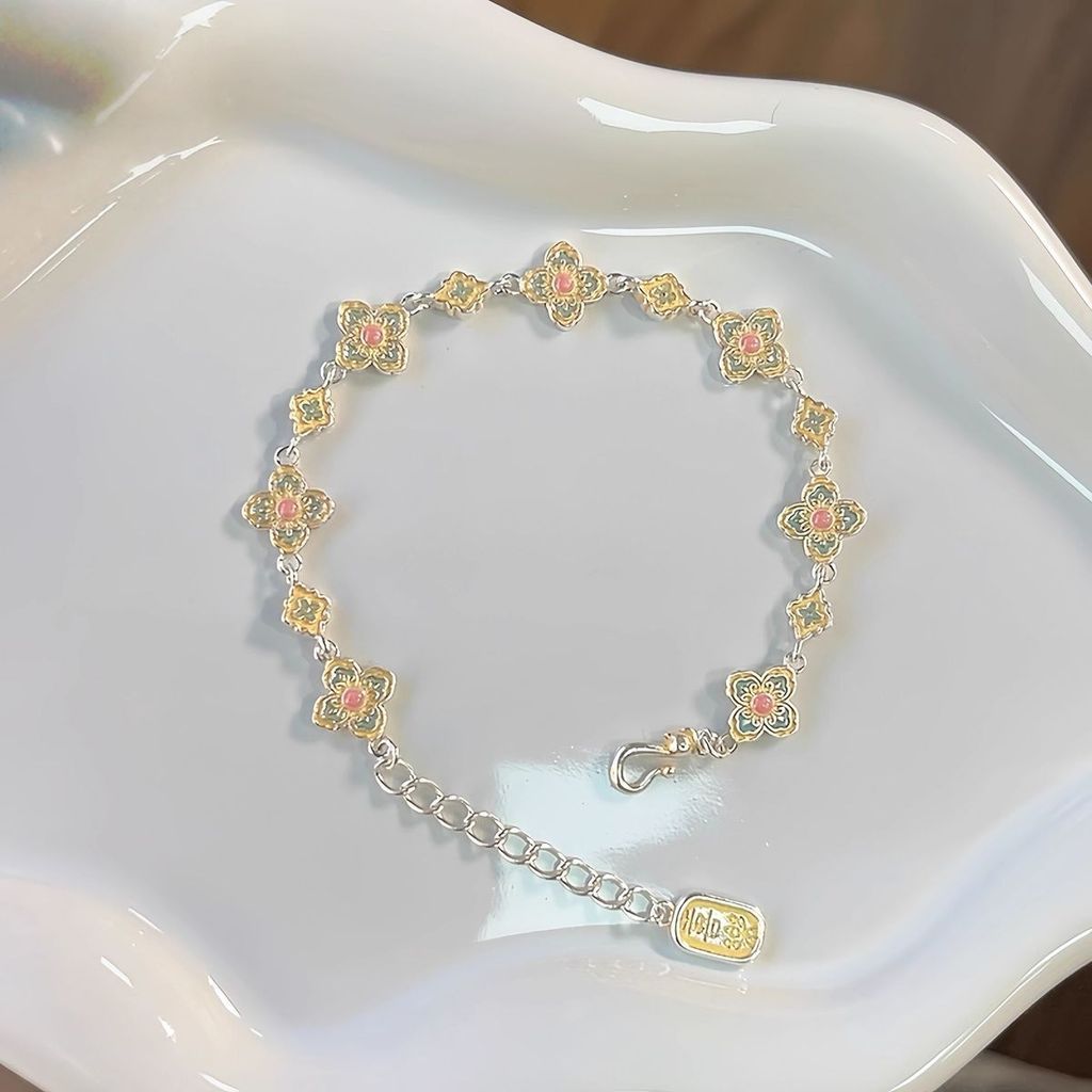 Perak murni perak murni gelang perhiasan wanita enamel bunga kupu-kupu