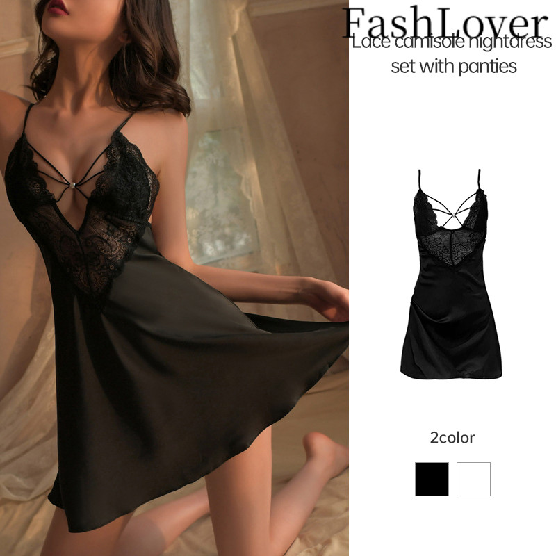 FASHLOVER Set Baju Tidur dan Celana Dalam Wanita Baju Tidur dengan Tali Bahu Berenda Baju Tidur Seks