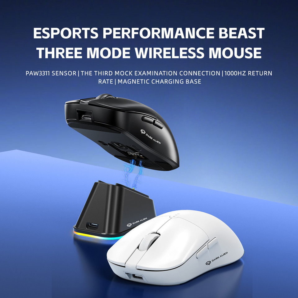 DARK ALIEN X11 Pro Wireless Mouse,Bluetooth/2.4G/wired Tri-Mode Mouse ,PAW3311 RGB Magnetic charging
