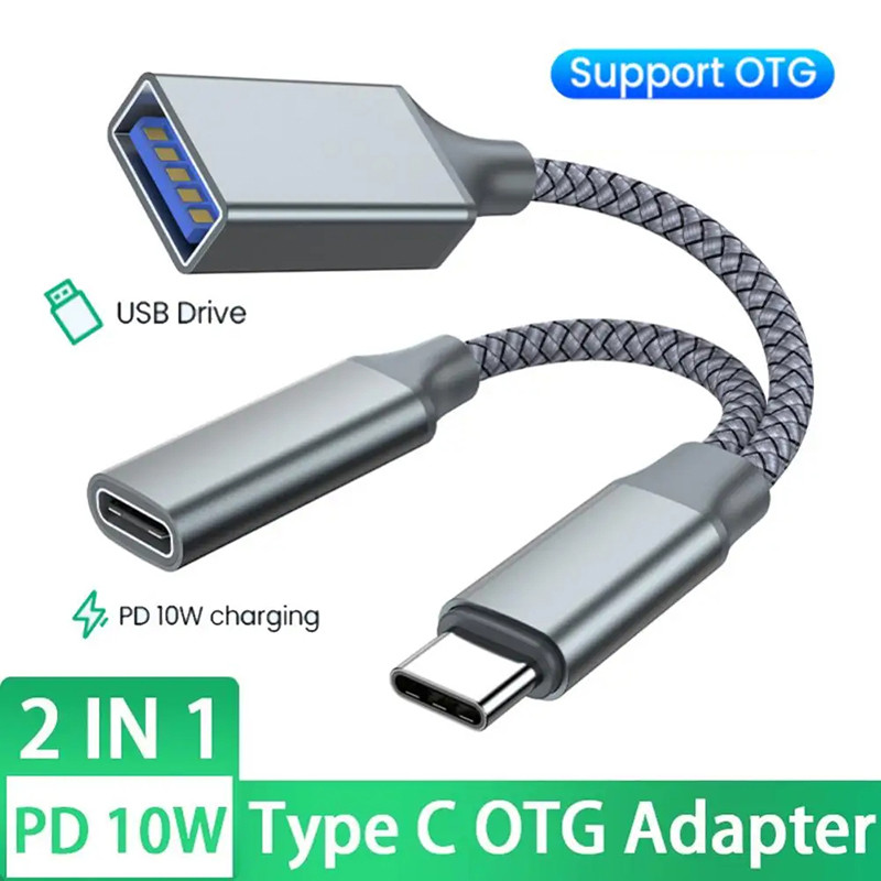 Two In One OTG USB Cable with PD Charging Adapter Type C to USB A Adapter with PD Charging 2 Port Fo