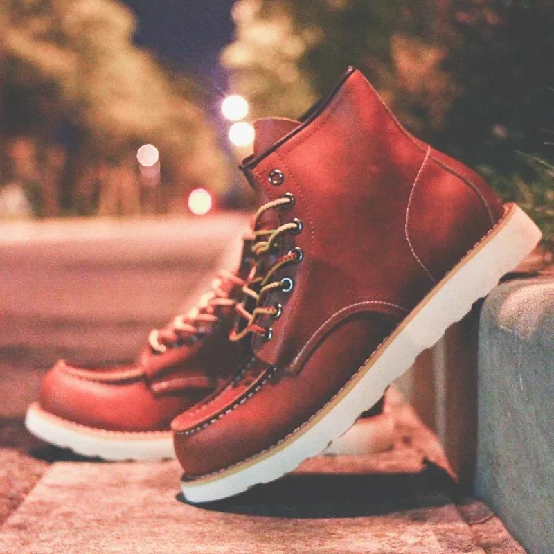 Genuine Leather Men's Boots Vintage Tooling Boots Man Short Boot Rhubarb Boots Men's High Top Men's 