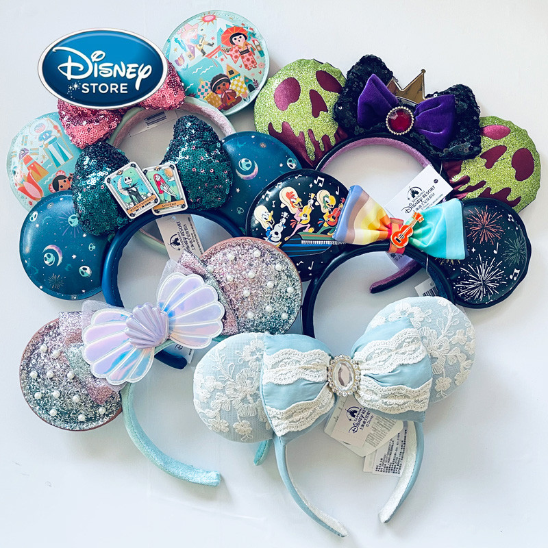 2024 Original Disney Mickey Ears Headband Shanghai Disneyland Minnie Leather Headband Hairband Sequi