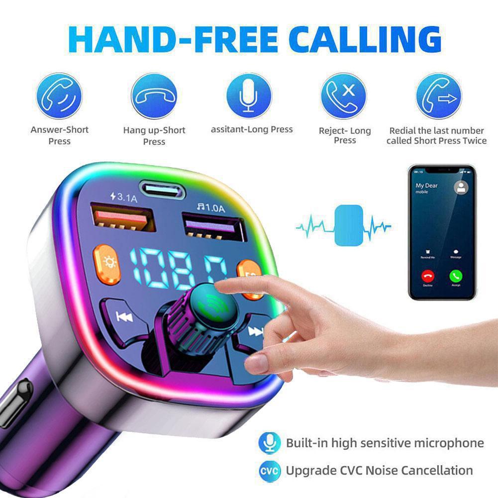 Car Bluetooth 5.0 FM Transmitter PD Type-C Dual USB Ambient MP3 Fast Handsfree Modulator 3.1A Player