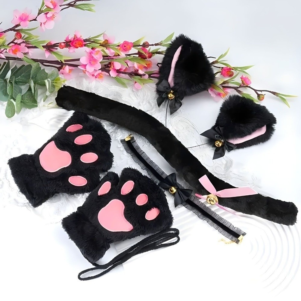 Cat Woman Cat Ears Headband Set Lolita Bow Cosplay Headwear Cosplay Hair Accessories Cat Paw Gloves 