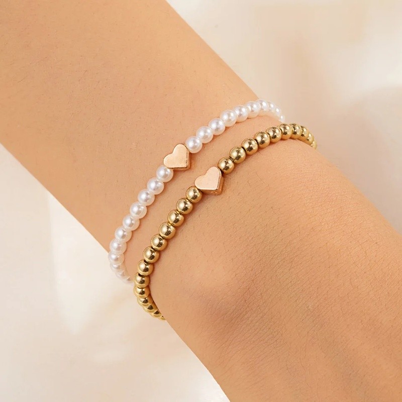 Lapisan ganda Minimalist Cinta Hati Warna Emas Imitasi Gelang Mutiara Manik Untuk Wanita Pria Retro 