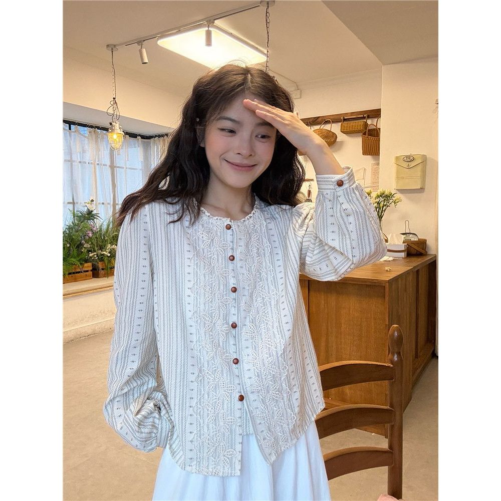 MYCASSI Blouse Wanita Retro Prancis Striped Longsleeve Shirt Set Kemeja + Rok Maxi