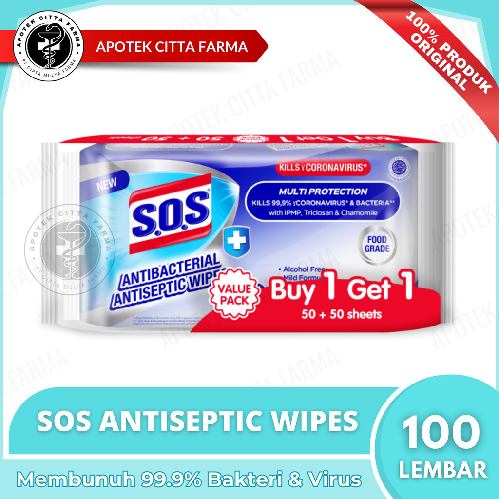 SOS Wipes Antibacterial 50 s + 50 s Banded - Tisu Basah Antiseptik / Food Grade / Hemat & Murah Meri