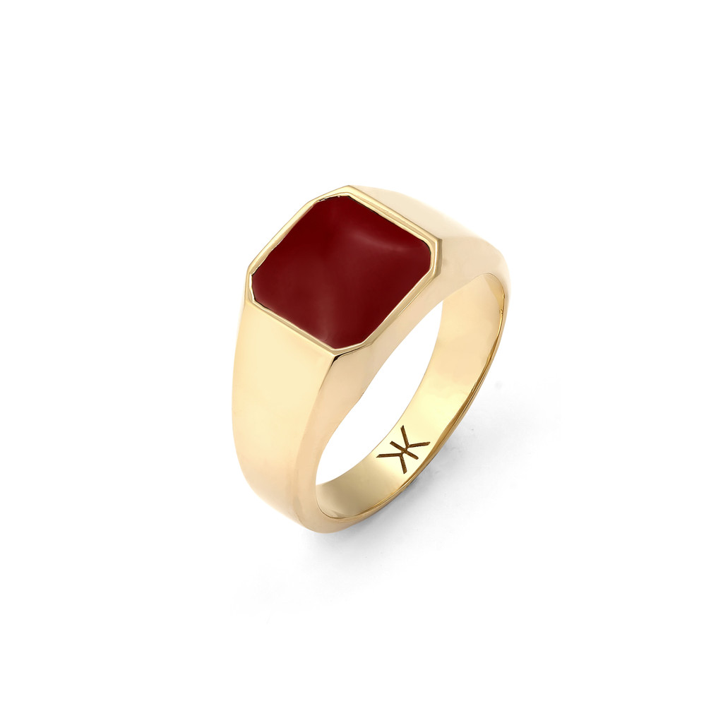 Kuzzoi Cincin Pria Perak 925 Lapis Emas Signet Enamel Merah Original Premium Classic