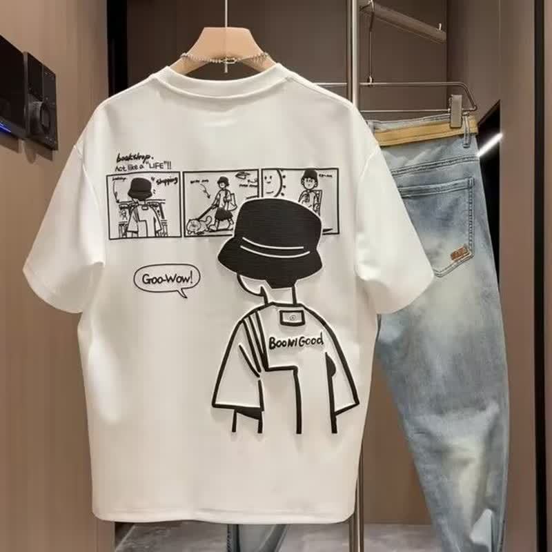 Kemeja lengan pendek dengan motif kartun T Kemeja kasual longgar yang trendi untuk pria