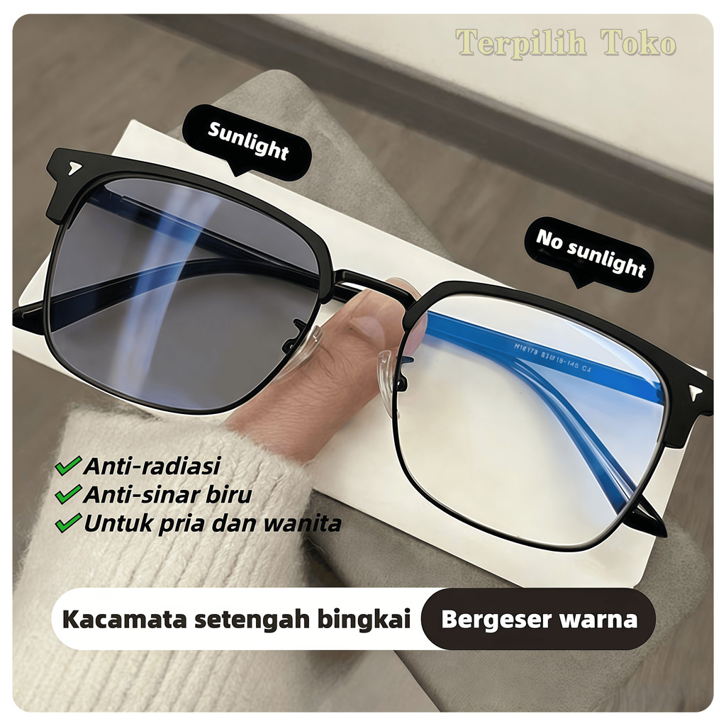 [COD-8H Ships] Kacamata Anti Radiasi Photochromic Kacamata Dua Warna Kacamata Kotak Setengah Bingkai