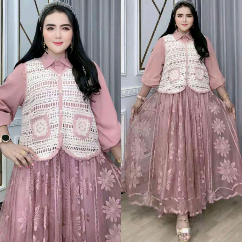 Gamis Wanita Rajut Rompi Brokat Bervariasi Rompi Lepas -  Atas Bahan Silk Bawah Brokat, Lengan panja