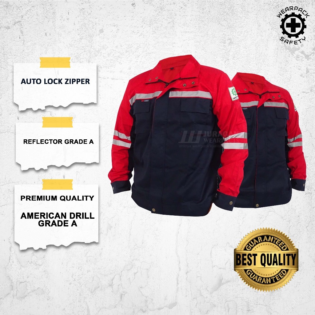 Wearpack Safety Semi Jaket / Wearpack Kerja Warna Merah Kombinasi Biru Navy