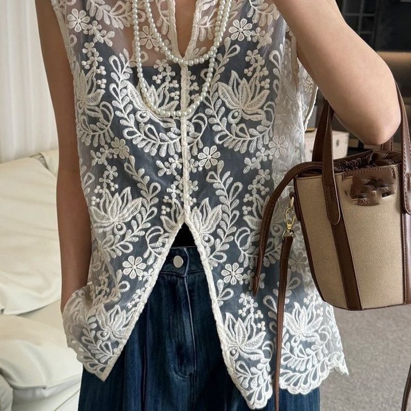 Rompi Renda Berlubang Model Longgar Gaya Korea Tank Top Berlapis