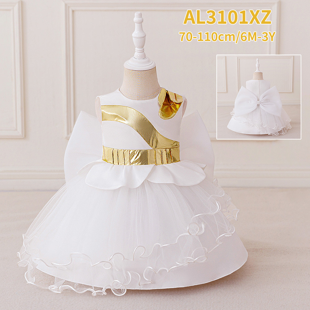 26-200410 Gaun Pesta Anak. Girl's Gold Patchwork Big Bow Puffy Mesh Skirt Party Dress Sz 70-110