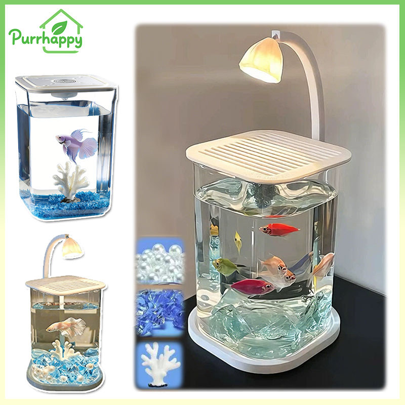 Purrhappy Akuarium Ikan Mini Transparan Akuarium Mini Lanskap Akuarium Cupang Mini LED Unik Akuarium