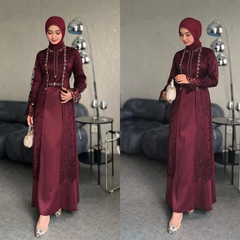 Gamis Brokat + Payet Dress Annisa  Wanita Muslimah Kekinian Elegant One Set Outer Gamis Murah Wanita
