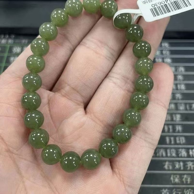 Gelang Giok Hetian Air Danau Hijau Gaya Lama Manik-manik Giok Es