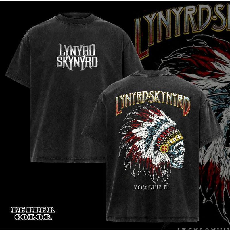 (jaminan mutu)Vintage Lynyrd Skynyrd Black Indian Skeleton Jacksonville FL Tee Mens Large, Kemeja Ly