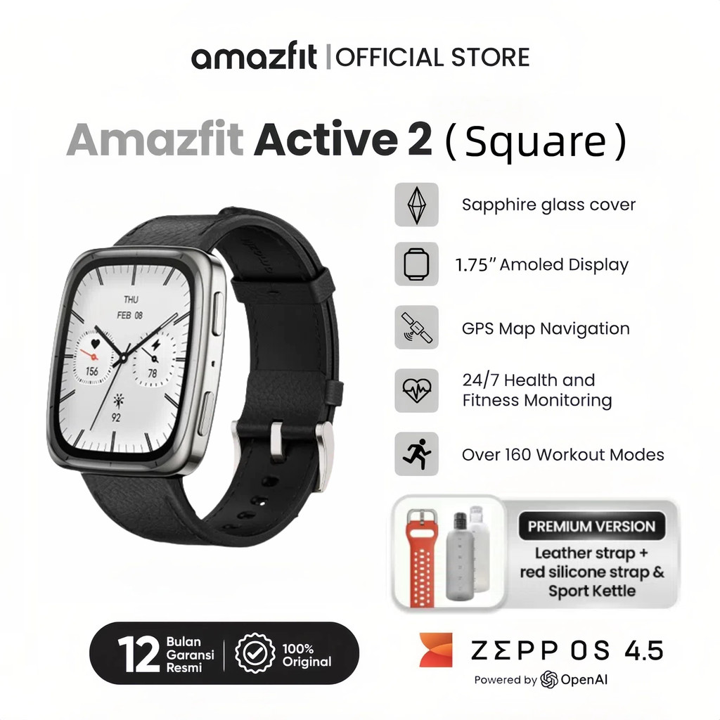 Amazfit Official Active 2 Square Smart Watch 43mm|1.75 Sapphire Glass Screen Display |GPS | Map guid