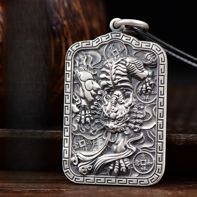 Liontin Sterling silver S999 Lucky Pixiu, kalung merek pria solid retro perak murni.