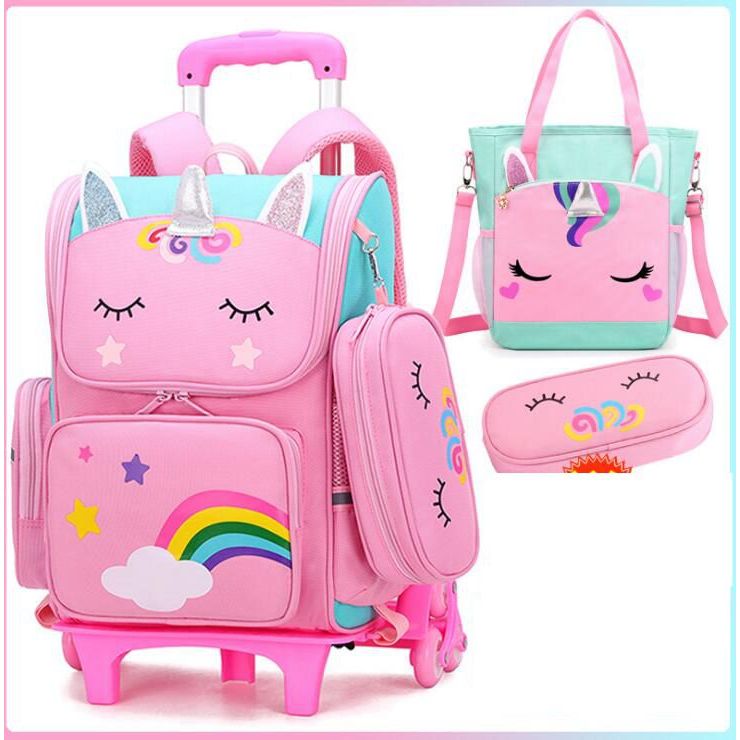 School Trolley Bag For Girls School Trolley Bag For Kids with lunch bag Rolling Backpack Bags Kids S