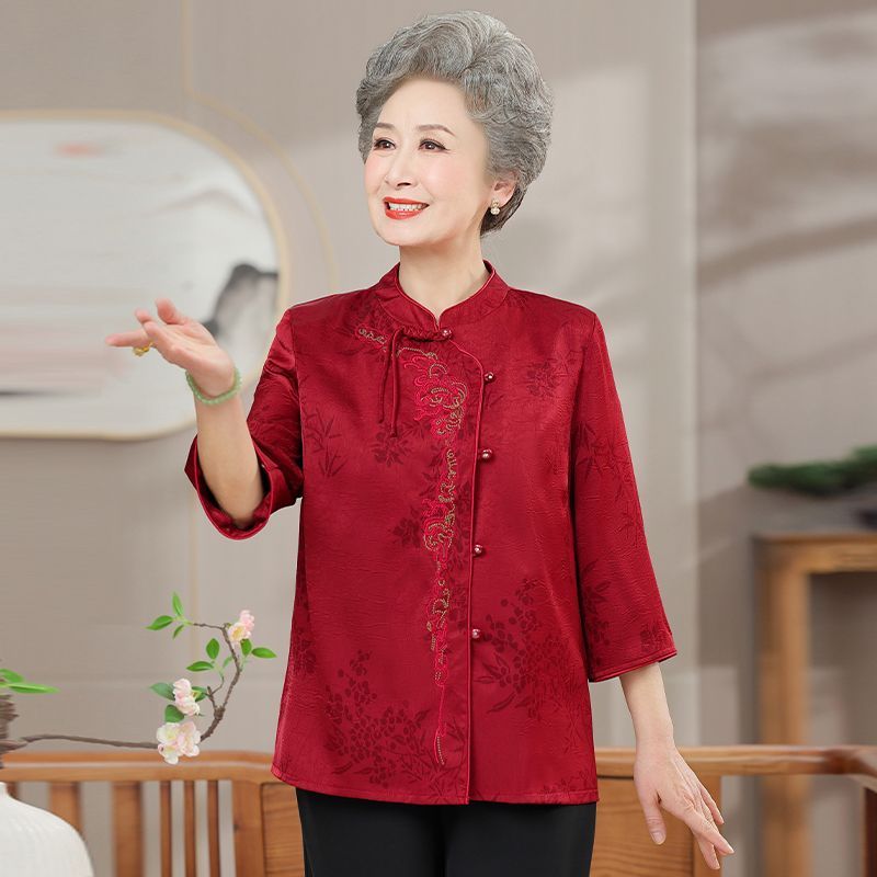 Setelan Baju Nenek Motif Cina Meriah, Atasan Lengan Pendek Nyaman Musim Panas
