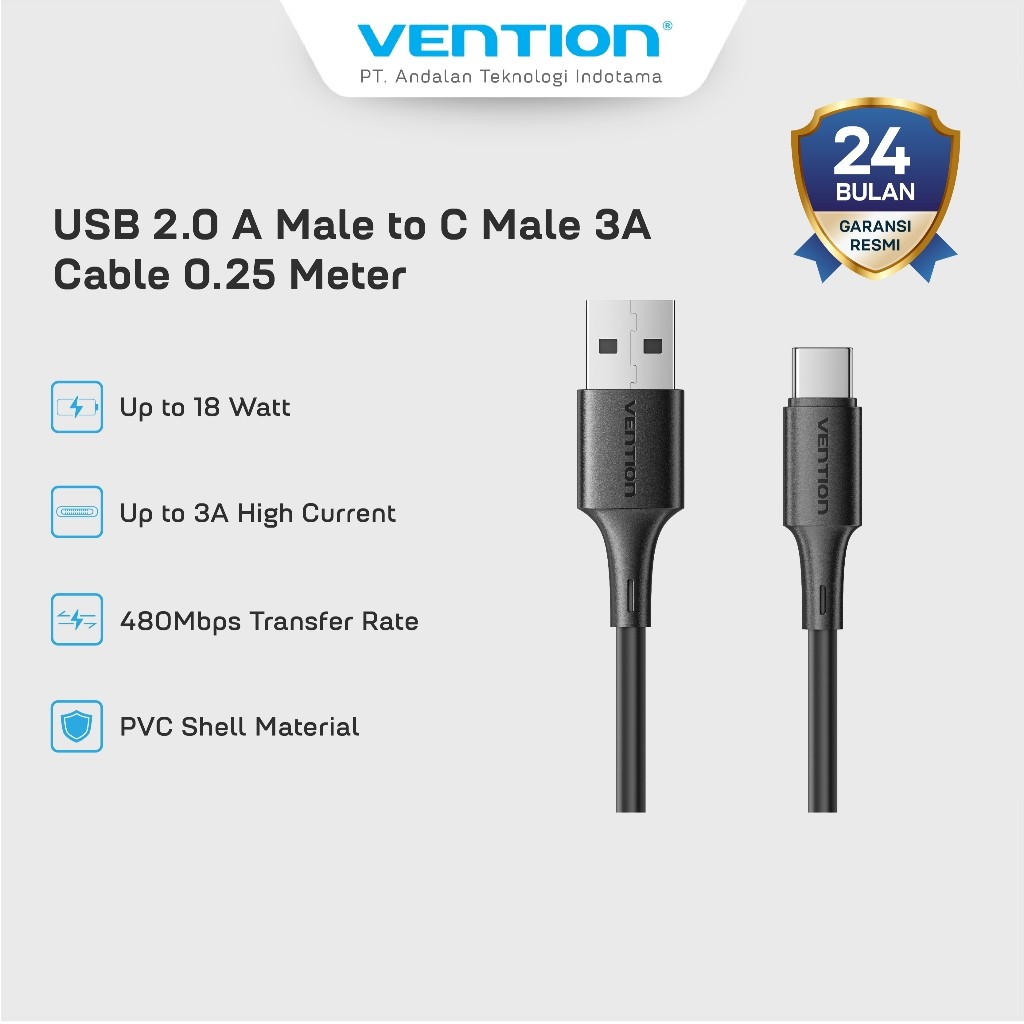 Vention Kabel Data Charger Pendek Powerbank USB A to C/Micro/Lightning Male 10W 18W 2.4A  480Mbps Ca