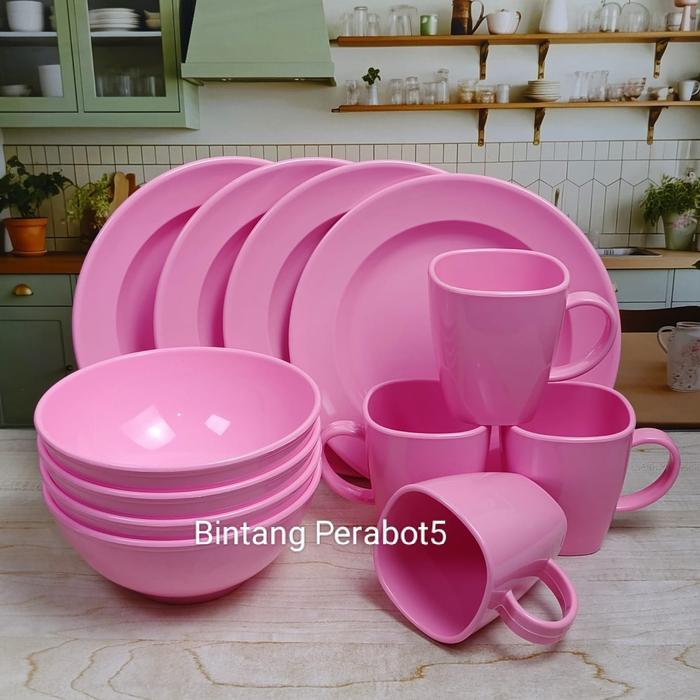 Peralatan Makan Melamin 1 Set dengan Piring, Mangkok, dan Cangkir Moel Bulat untuk Dinnerware - Kitc