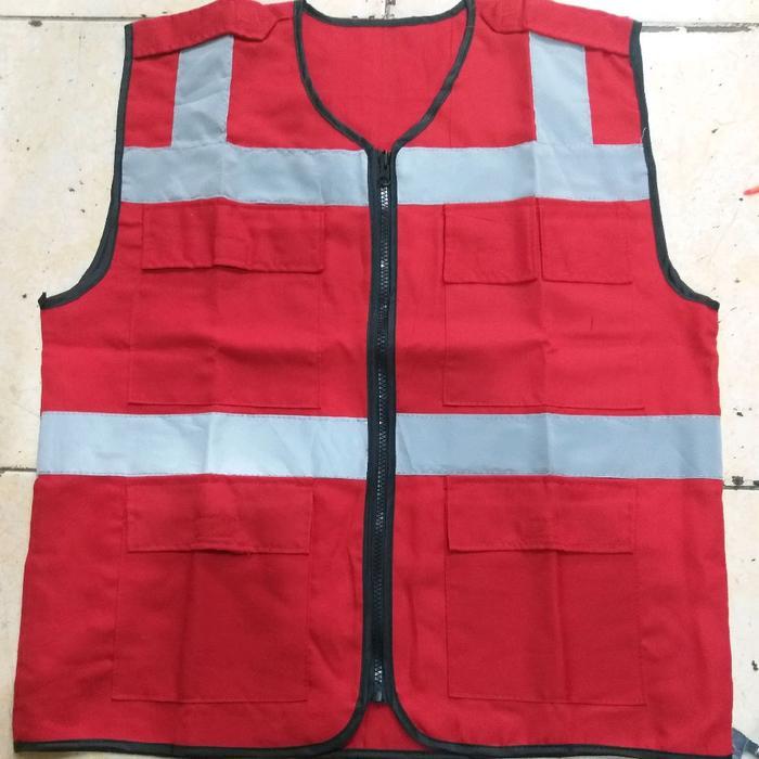 Rompi safety bahan Kain drill 4 kantong Merah - MERAH Terlaris