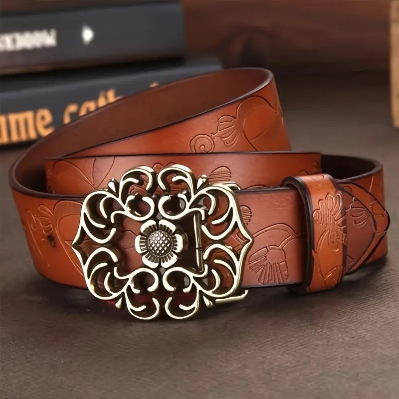 Fashion Genuine Leather Belts for Women Quality Second Layer Cow Skin Woman Belt Vintage Floral Pin 