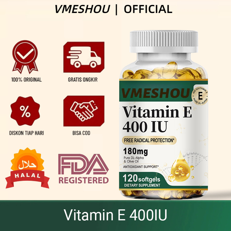VMESHOU BioEmblem Vitamin E 400IU Softgel 120pcs Antioksidan Kuat Untuk Kulit Cerah, Lembap, Anti-Ag