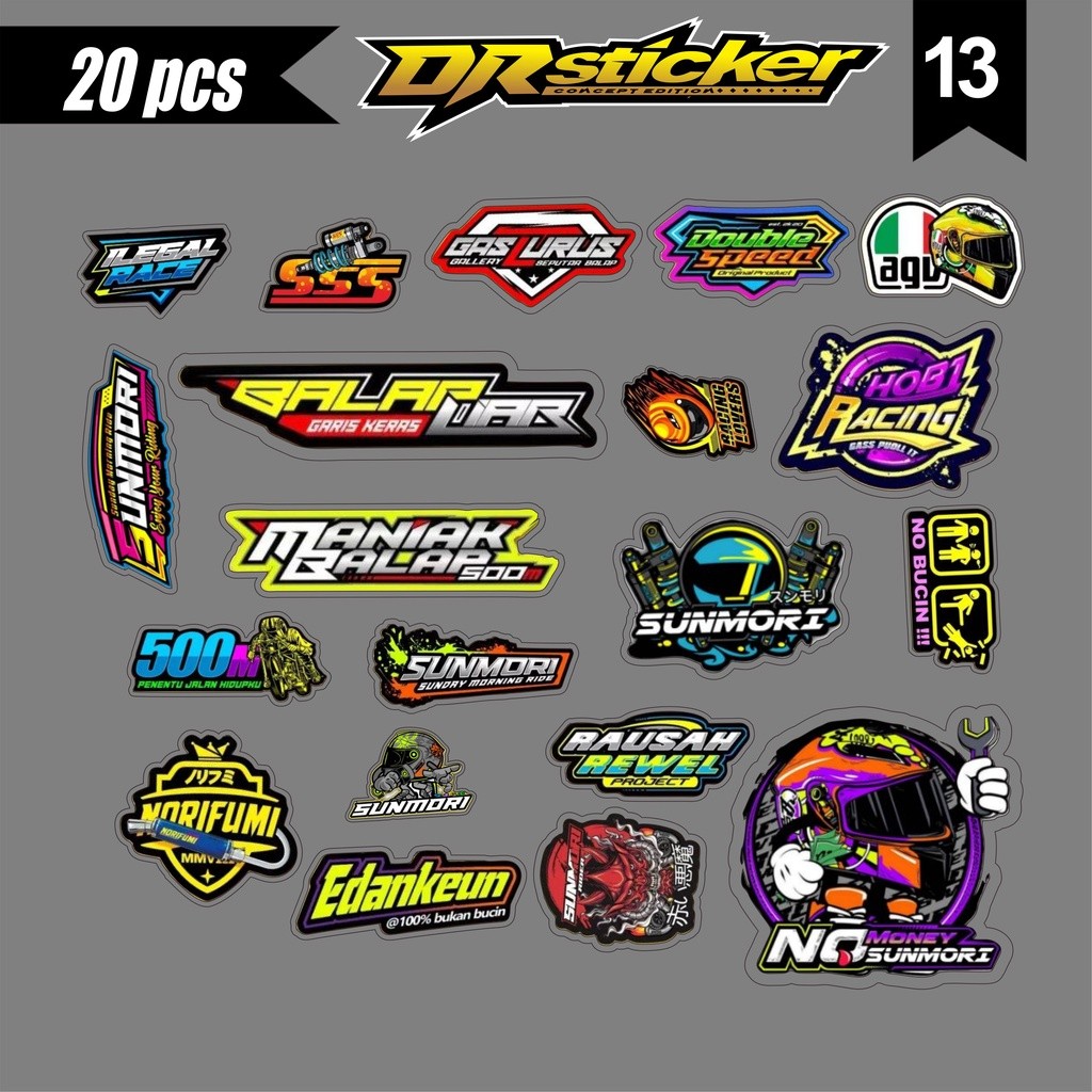 Sticker Pack Logo Racing Sunmori Helm isi 20pcs 1set Plus Laminasi