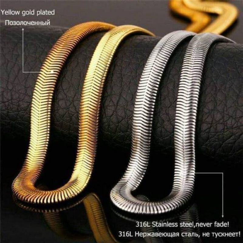 KALUNG TITANIUM MODEL ULAR MINYAK 5MM EMAS DAN SILVER FASHION PRIA WANITA STAINLESS STEEL 316L BELUT