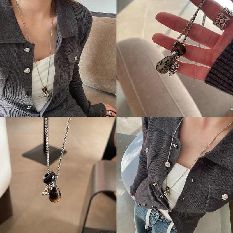 Kalung Amethysta Liontin Batu Alam Tiger Eye & Jasper Retro Bohemian Elegan Fashion Wanita