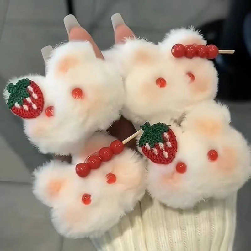 1pc Bingtanghulu strawberry bunny hairpin plush clip cute powder blusher rabbit hairpin autumn and w