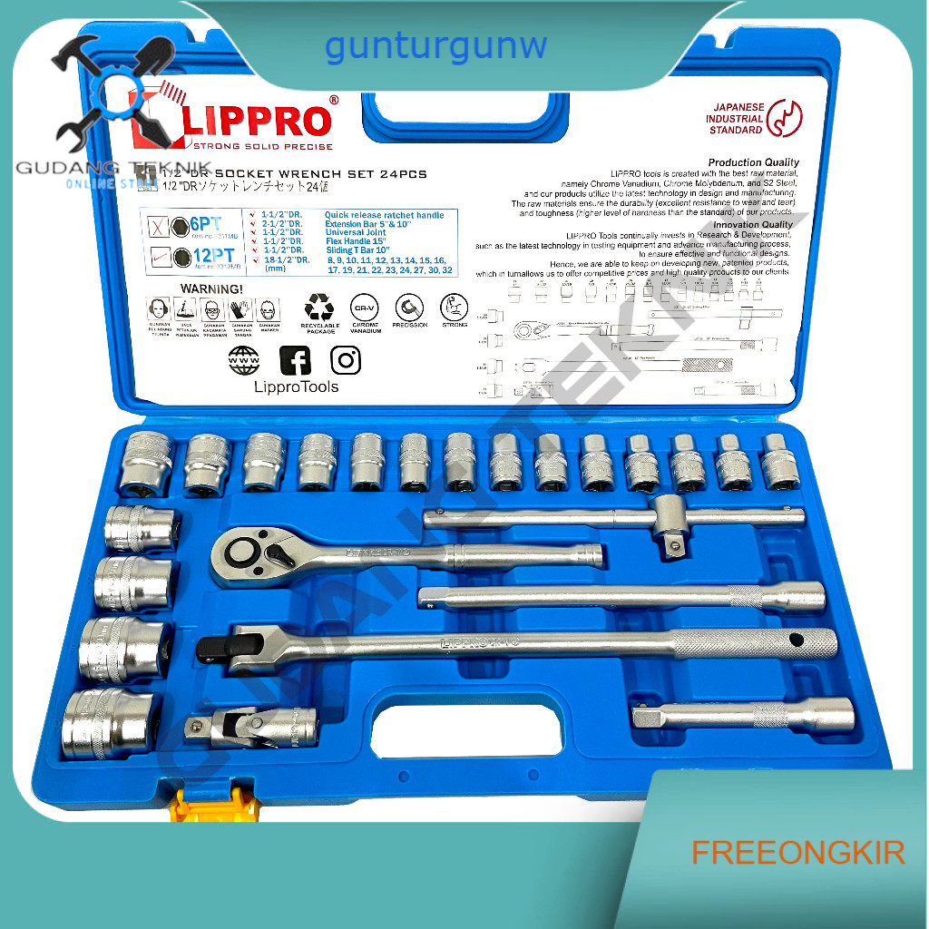 Kunci Shock 1/2" 1 Set 24pcs 6PT 12PT 8-32mm LIPPRO /  Socket Wrench 1/2 Inch 24 Pcs Kunci Sok Sock 