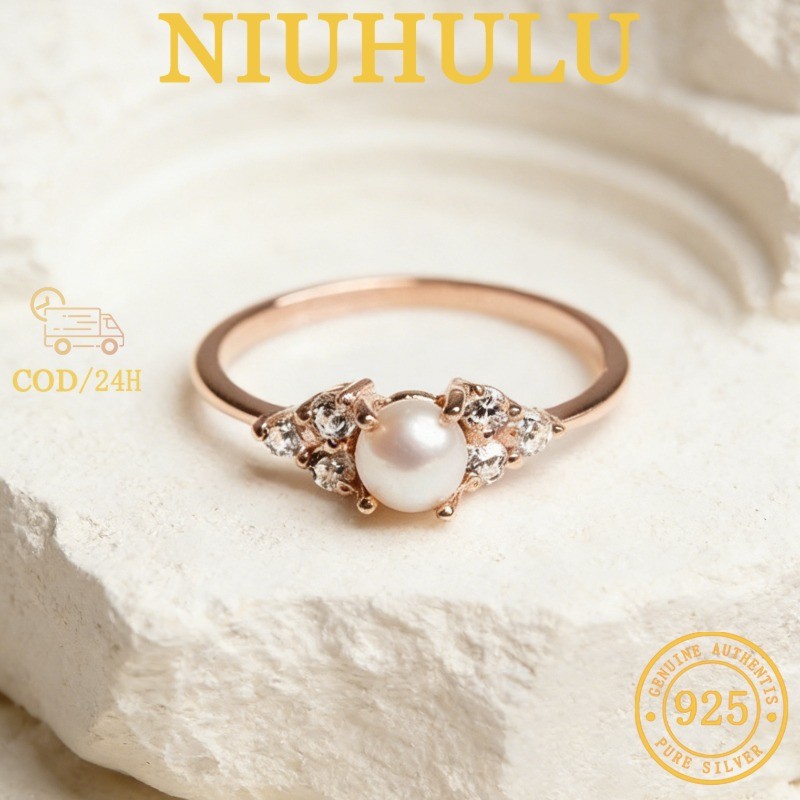 Cincin Tipis Wanita Emas Mawar Berlapis Zirkonium Berkilau Dengan Mutiara Kecil 18K