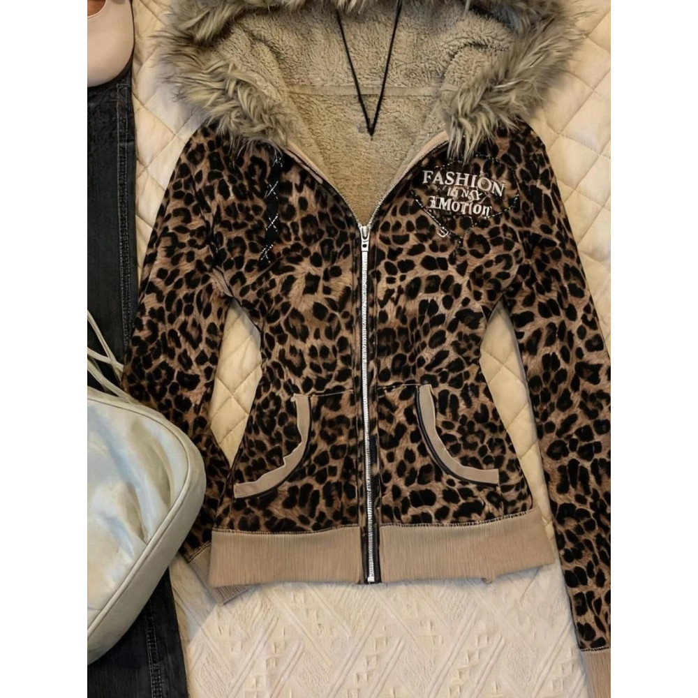 Streetwear Leopard Letter Printing Punk Jackets Women Y2k Aesthetic Furry Patchwork Hooded Coats Gru