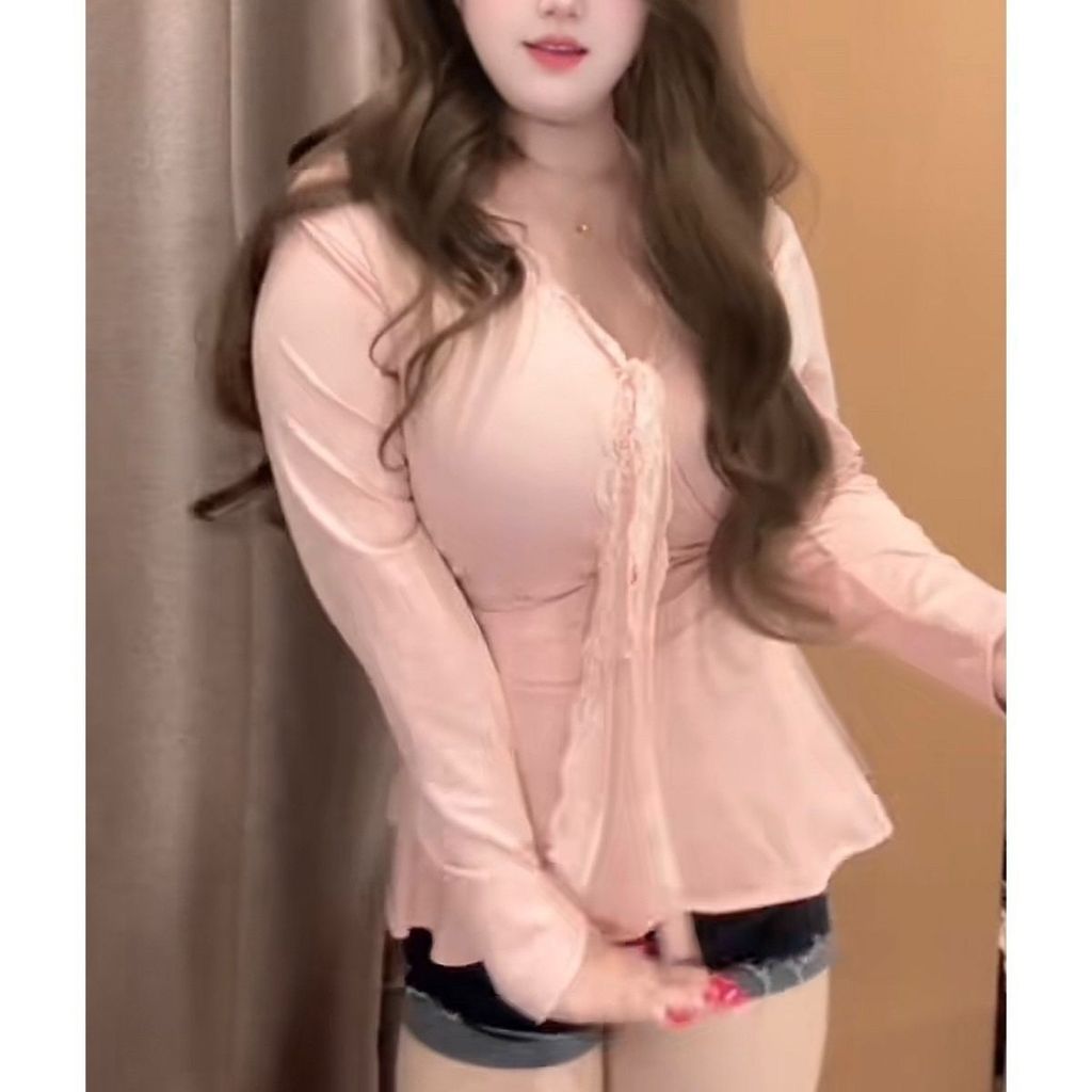 Aroana Big Size Pink Lace Splicing Sexy Spice V-Neck Lengan Panjang T-Shirt Atasan Bawah atasan wani