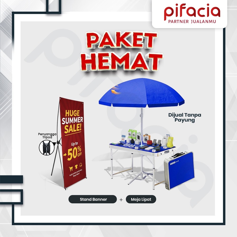 PIFACIA Paket Booth Portable Stand Banner Meja Lipat Display Jualan Pameran Perlengkapan Promosi Tan