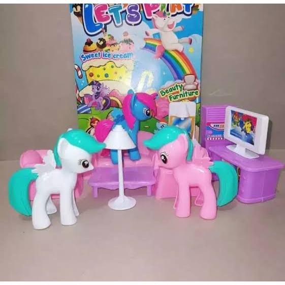 Mainan Anak Perempuan 3 pcs Kuda Pony dan Perabotan Cocok Untuk Kado Fi557