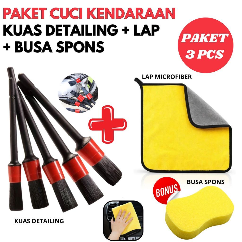 PAKET KUAS DETAILING & LAP MICROFIBER & SARUNG TANGAN CENDOL & KANEBO JUMBO & SPONS PREMIUM