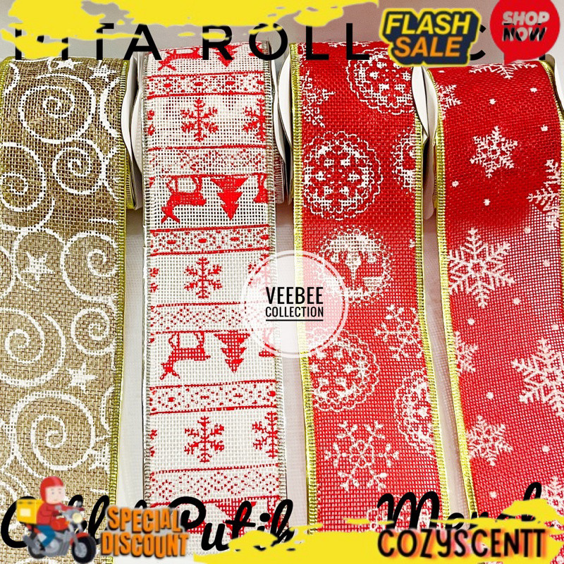 Pita Motif Natal 6cm goni motif tile motif/ pita roll natal/ ribbon BIG SALE 