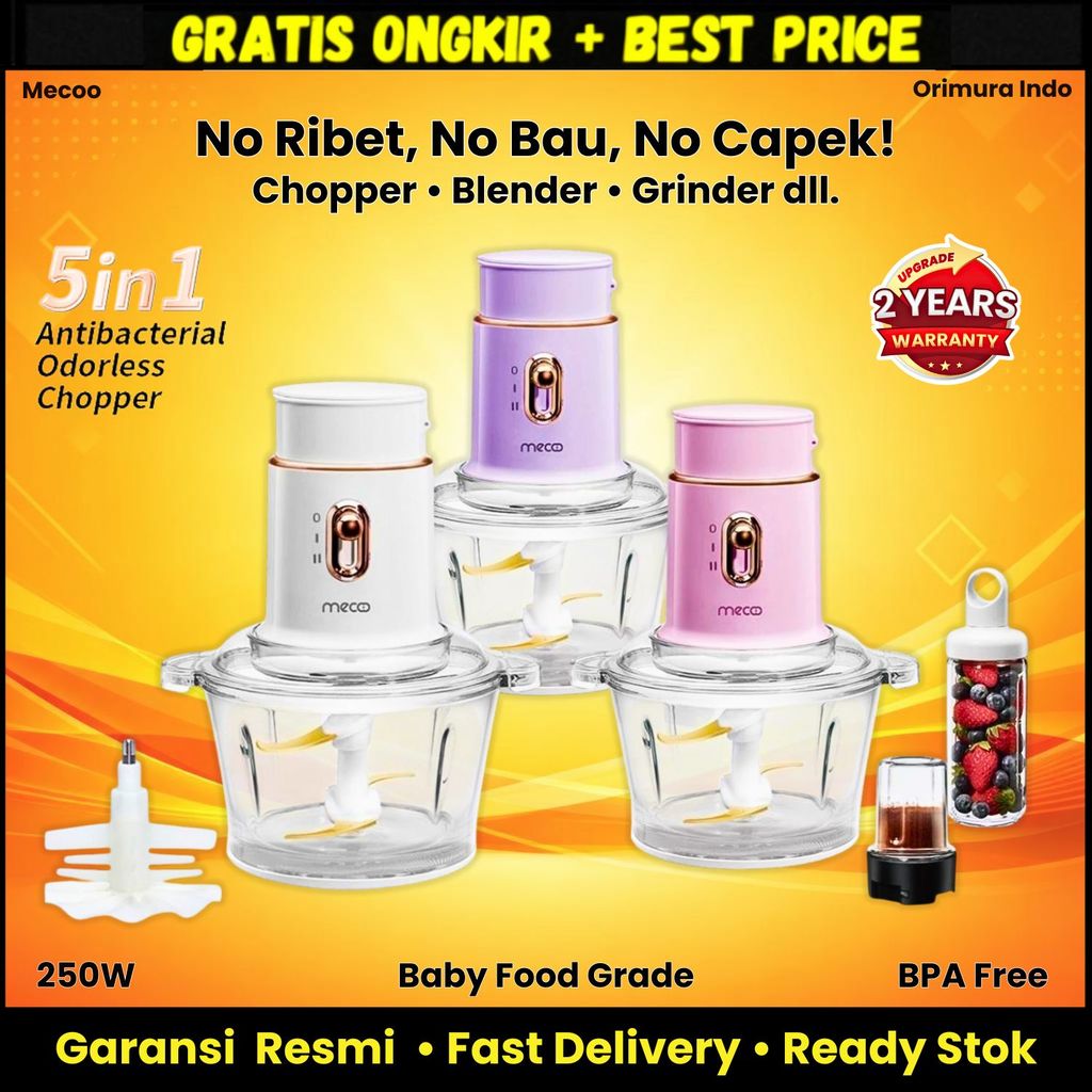 Mecoo Aesthetic Blender 5 in 1 Chopper Daging Blender Bumbu Baby Food Processor BPA Free Anti Bau