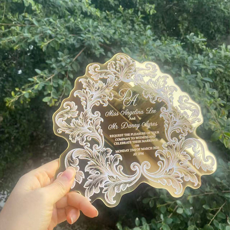 Custom retro Wedding Invitation Gold Mirror Acrylic Carte D'invitation De Mariage For Exhibition Eng