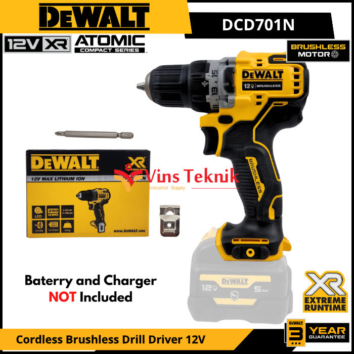 DEWALT Mesin Bor Kayu Besi Baterai Cordless Brsuhless Drill Driver 12V DCD701N
