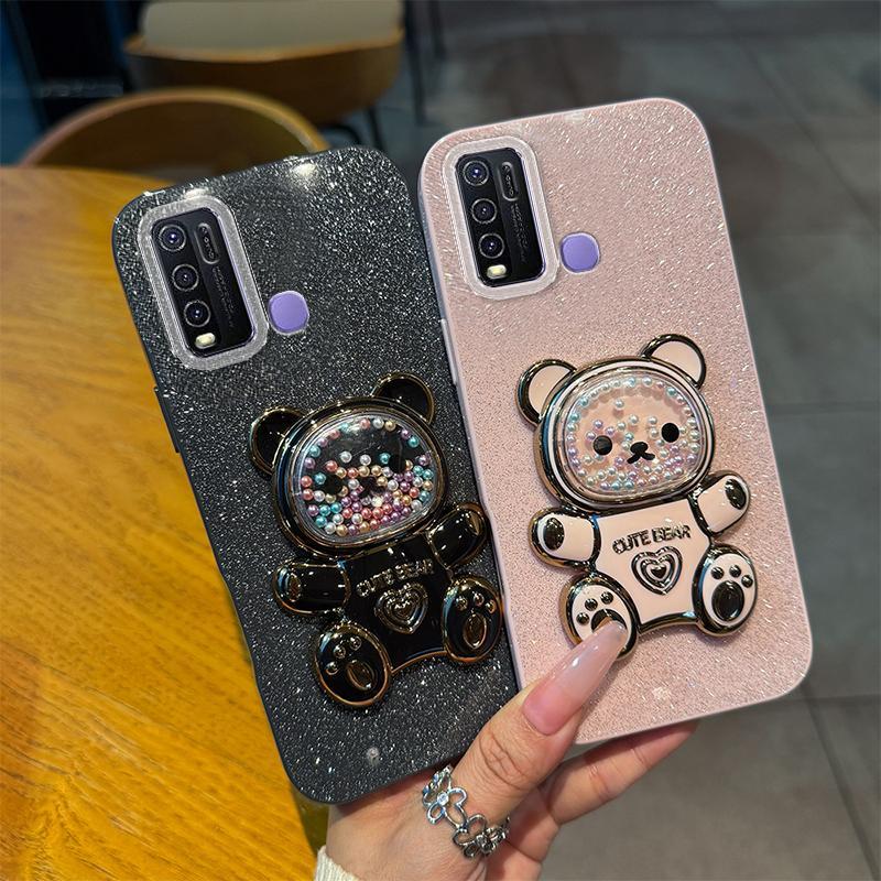 Soft Silikon Case Hp Untuk VIVO Y30 Casing Softcase Untuk VIVOY30 1938 Glitter Dengan Bear Bracket C