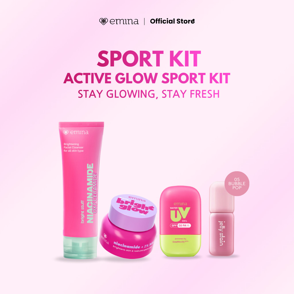 Emina Active Glow Sport Kit - Paket Skincare Lip Tint On The Go | Face Wash, Moisturizer Gel, Tone U