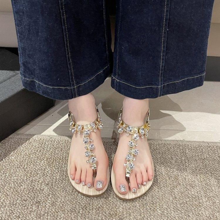 [COD]Sandal Datar Bertabur Berlian Imitasi Gaya Peri Terbaru untuk Wanita, Hak Wedges, Sandal Jepit