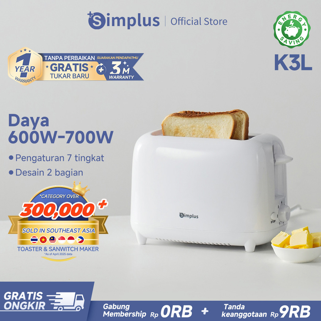 Simplus Toaster Pemanggang Roti Elektrik Otomatis Sandwich Low Watt 7 Tingkat Suhu 2 Slot